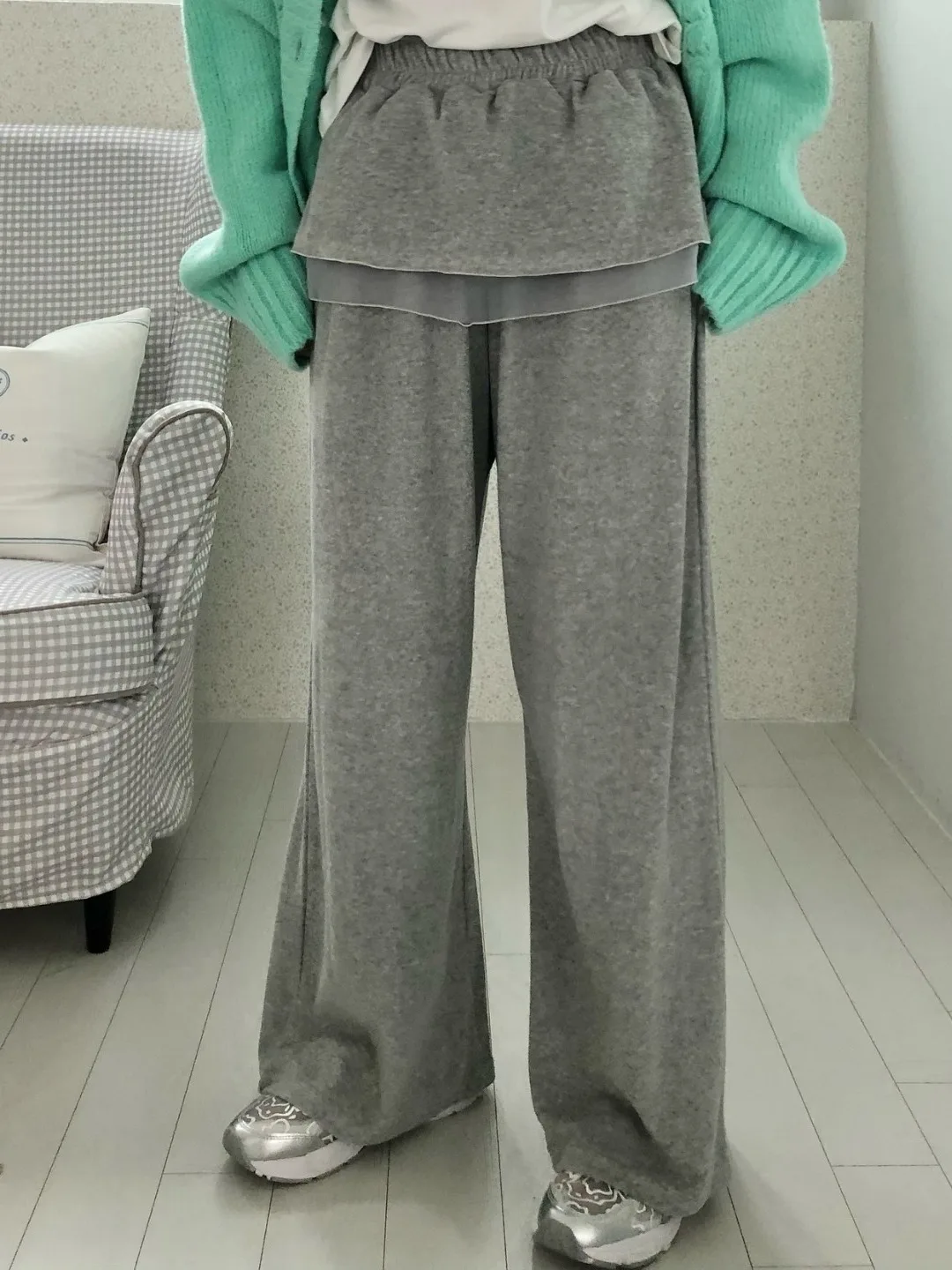 한국 스타일 하이웨이스트 플리츠 이중 레이어 스커트 스트레이트 레그 팬츠 여성용 봄 신상 에이지리스 개성 캐주얼 바지