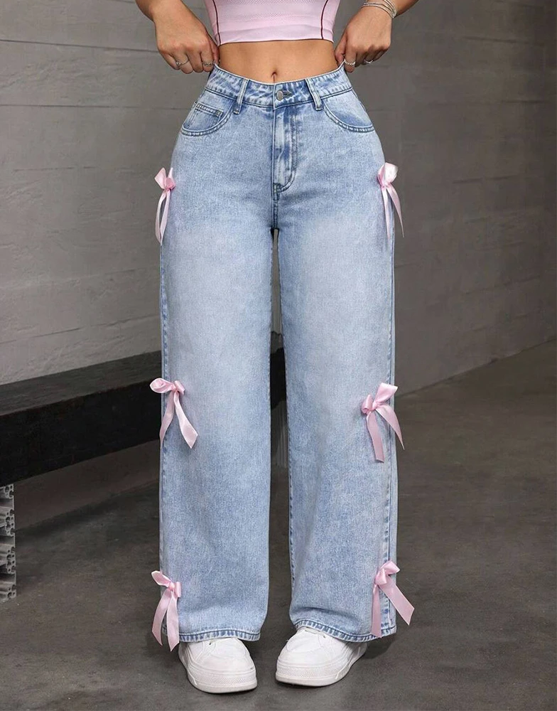 Women Jeans Wide Leg Pants Bow Washed High Waist 2025 Streetwear Denims Distressed Vintage Straight Ankle Length Trousers