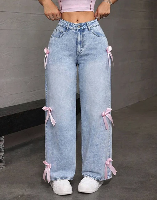 Dżinsy damskie Spodnie z szerokimi nogawkami Sprane kokardki Wysoka talia 2025 Streetwear Denims Distressed Vintage Proste spodnie do kostek