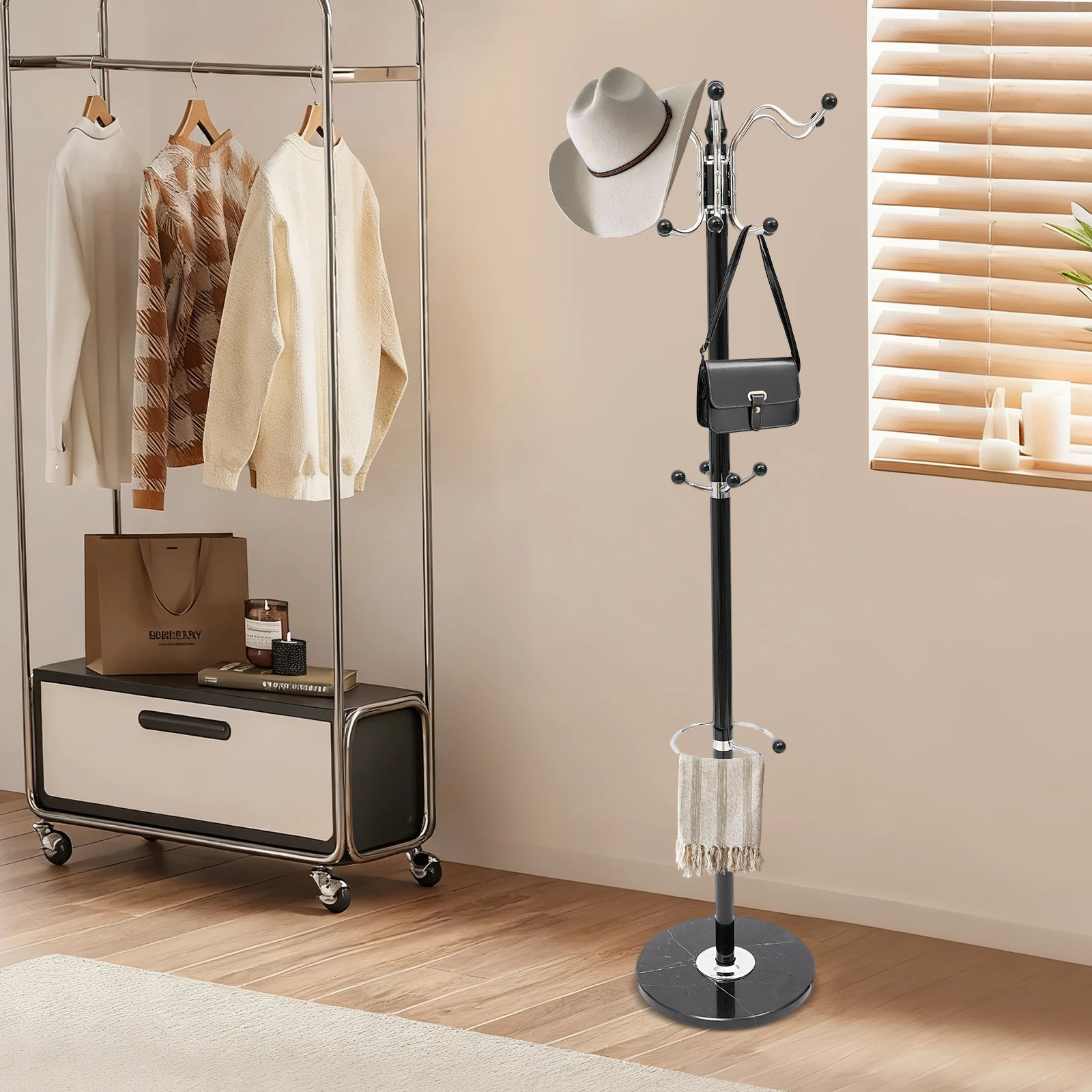 17 Hooks Black Multi-purpose Hat Rack with 360° Rotating Head and Marble Base for Bedrooms, Studies, Living Rooms, Offices, and Laundry Rooms