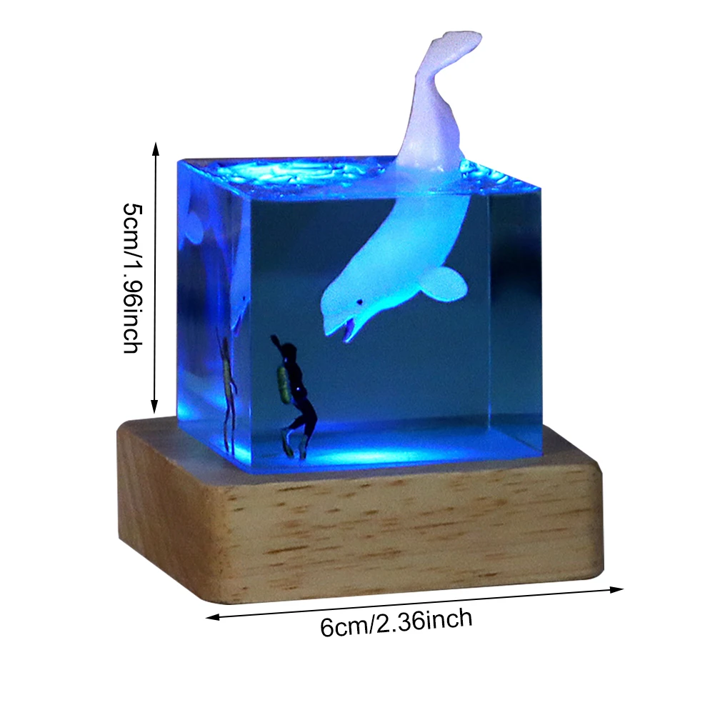 Micro Landscape Whale Diver Model Marine Whale Cube Ornament Epoxy Resin Ocean Shark Diver Figures Decoration LED Night Light