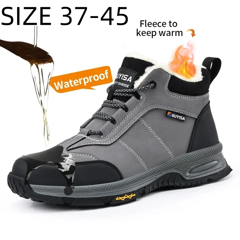 GUYISA Winter Men Boots  Men Keep Warm Grey Steel Toe Safety Shoes Outdoor Wearproof Oil-proof Work Men Sneakers Size 37-45