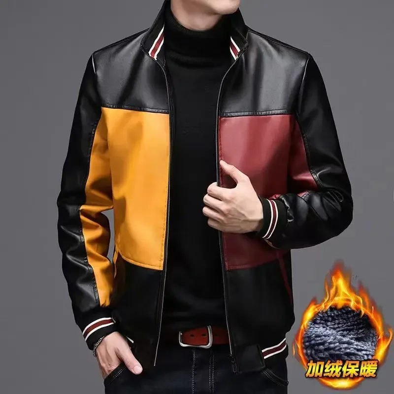 

2025 Winter New PU Leather Men's Jackets Winter Fake Fur One Jacket Thickened Warm Turn Collar Coat Men's Padded Leather Jacket