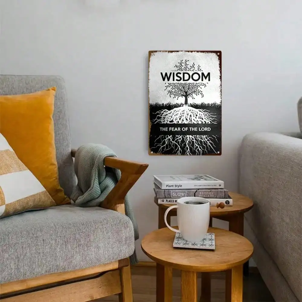 1PC Tin Sign Wisdom And The Fear Of The Lord - Office/Living Room Décor, Tree Illustration, 8x12 Inches/20x30 Cm
