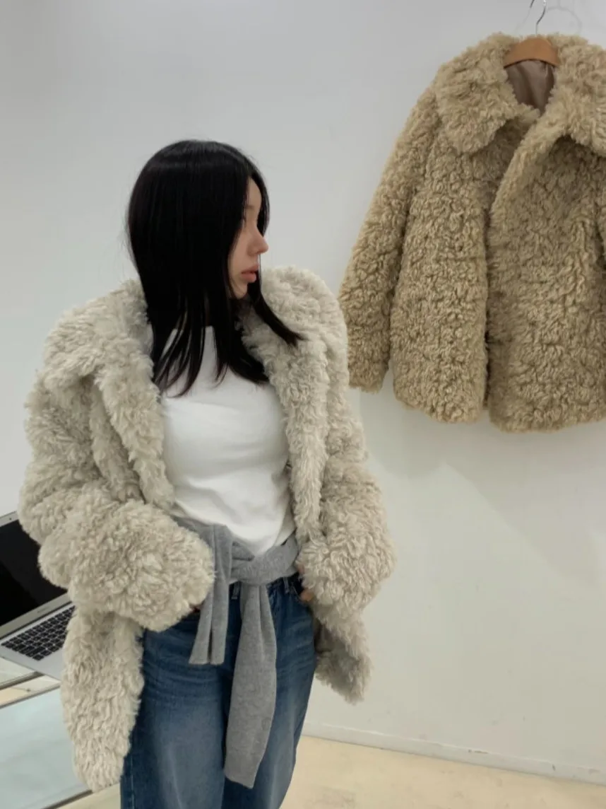 Chic Korean Sle Warm Cotton Filled Fake Fur Outerwear Spring Autumn Winter Commute Suitable Ladies Faion Knitwear