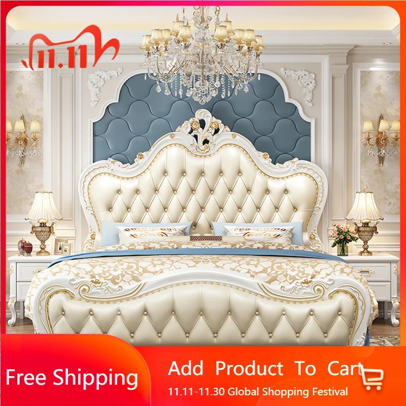 

European Double Bed Wooden Design Leather Queen Bed Simple Luxury Bedroom Princess Safe Letto Matrimoniale Trendy Furniture