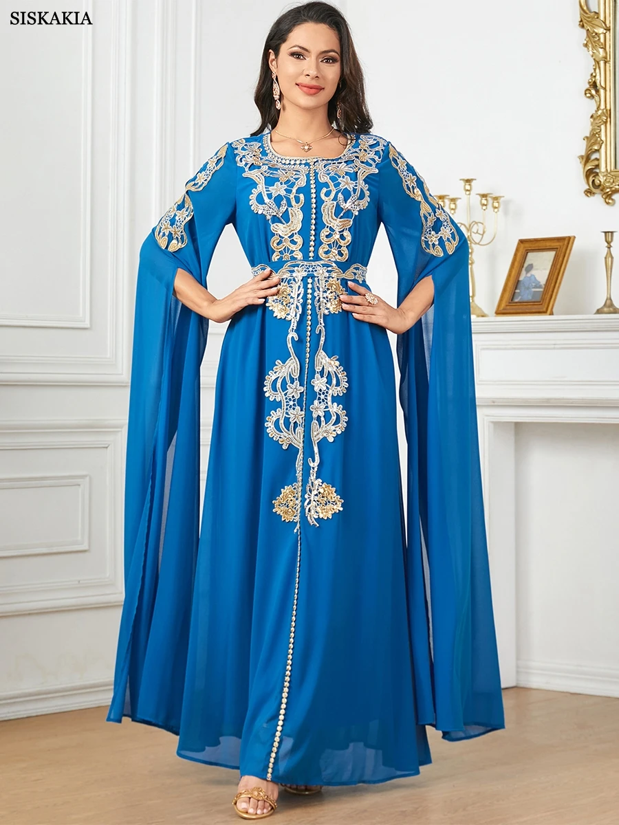 Siskakia haft z koralikami luksusowa damska suknia wieczorowa z paskiem długie rękawy Kaftan Abaya dubaj elegancki Casual dla kobiet