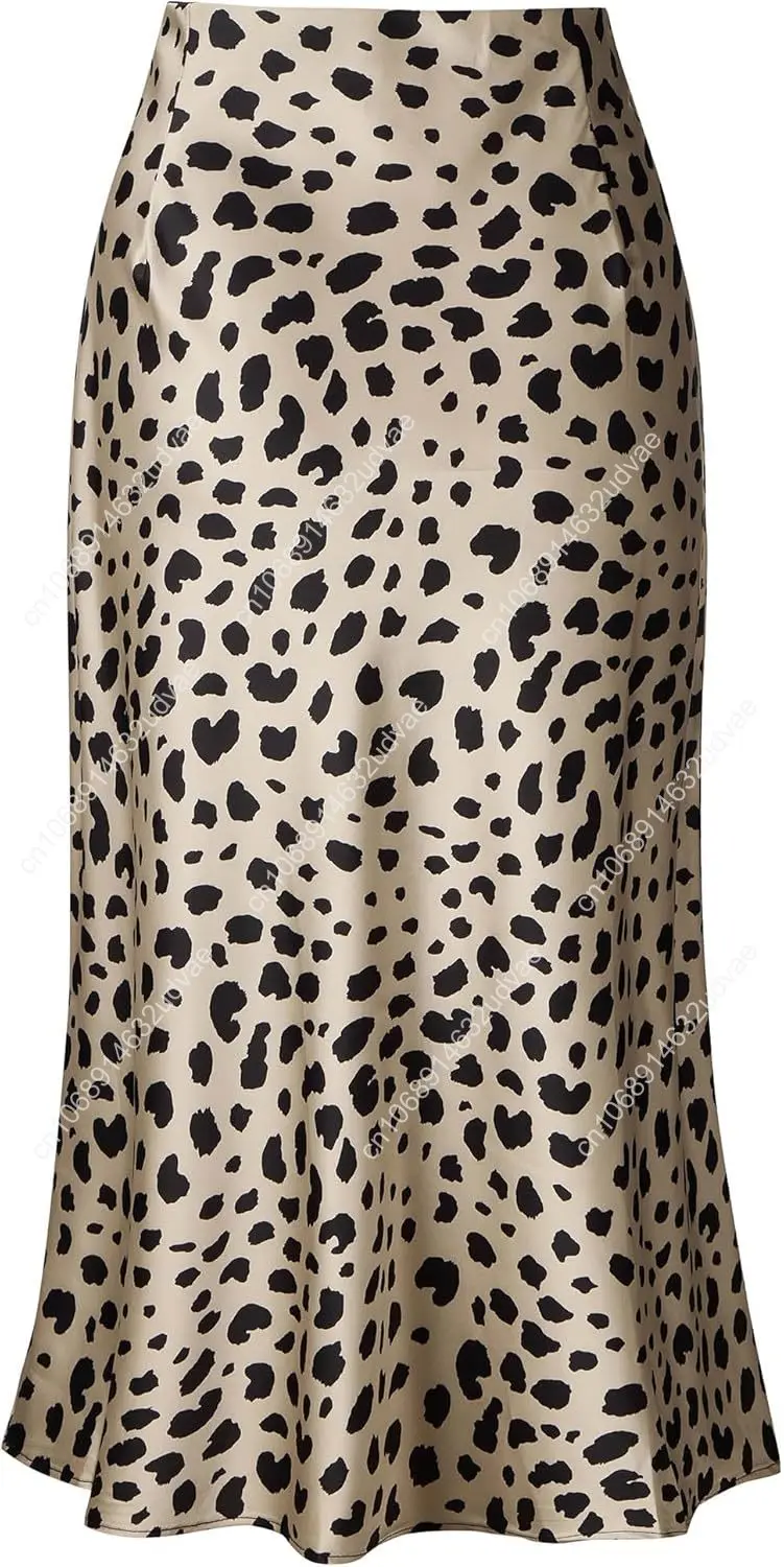 Keasmto Leopard Skirt for Women Midi Length High Waist Silk Satin Elasticized Cheetah Casual Ladies Skirts