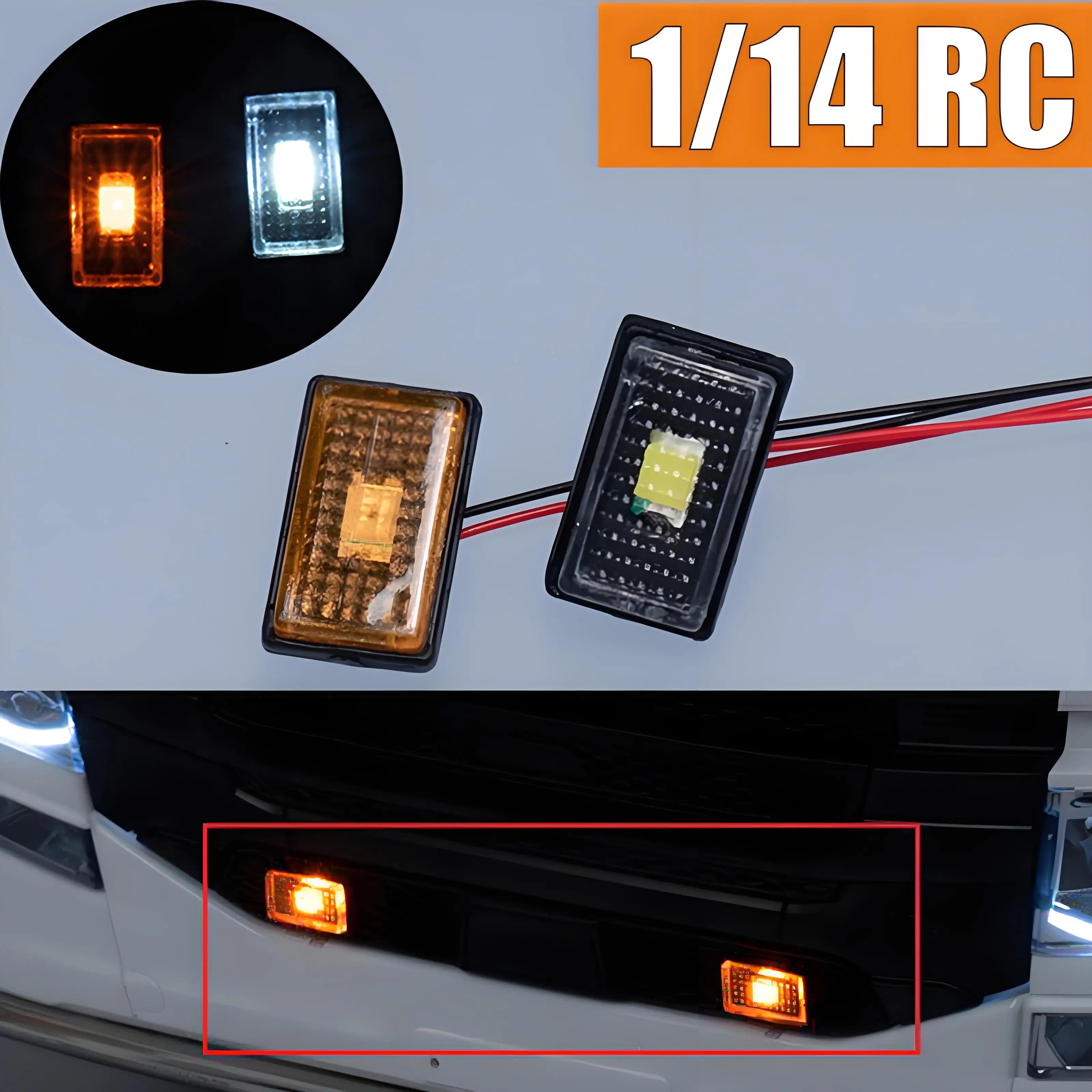 CBD-06F 2 piezas de luces laterales LED de 3V, lámpara de advertencia para camión RC 1/14, para SCANIA Tamiya 770S R620, para coche modelo VOLVO ACTROS AROCS DIY