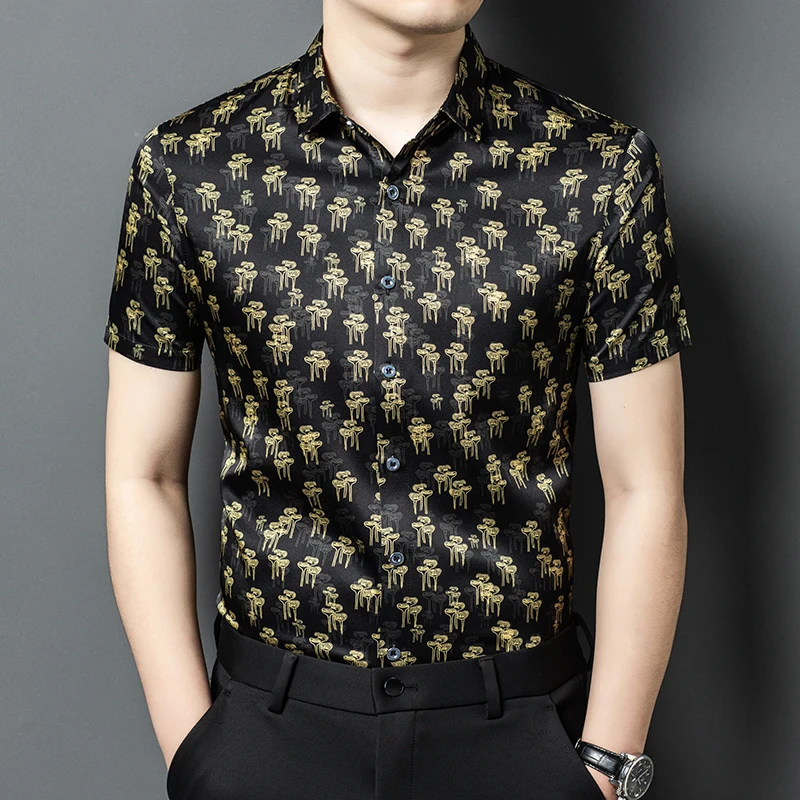 

Extremely Luxurious Silk Blends Shirts For Men Short Sleeve Print Summer Quality Soft Comfortable Anti-Wrinkle Camisas De Hombre