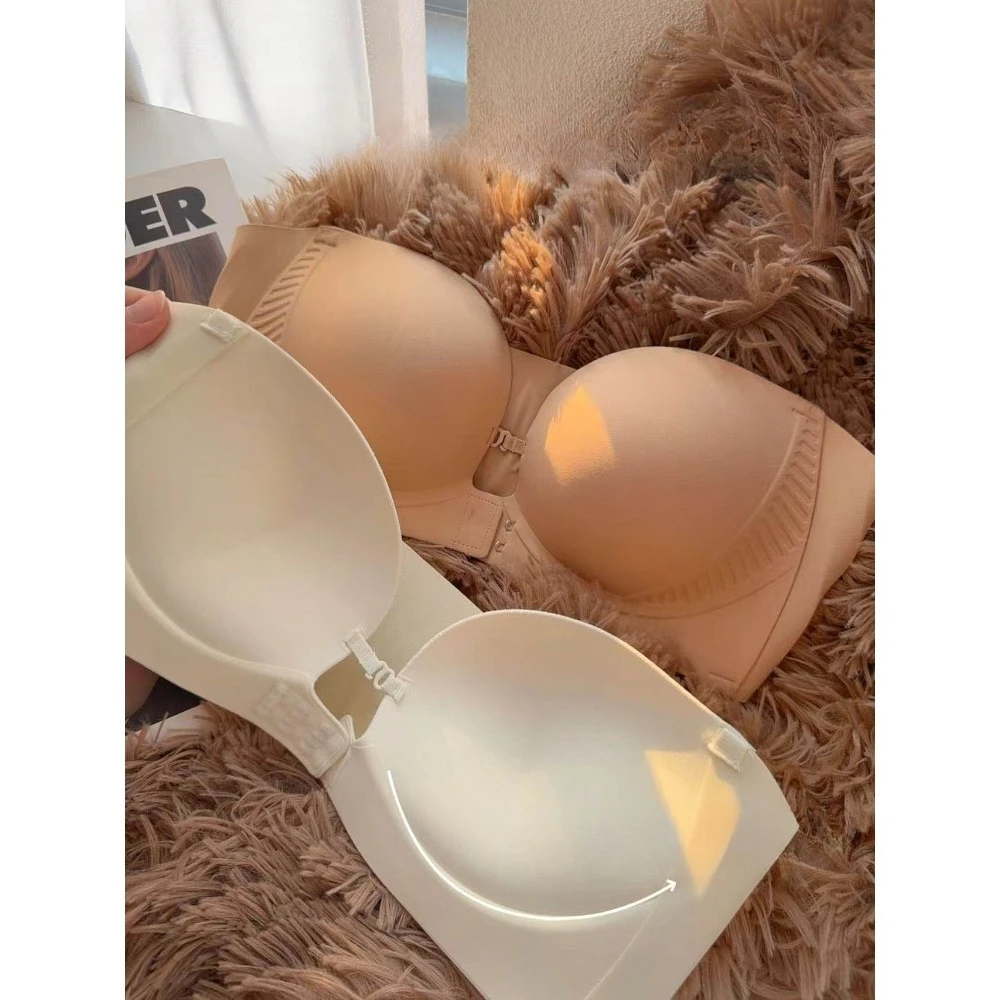Women Non-Slip Strapless Front Closure Push Up Bandeau Bra Seamless Invisible Wrap Chest Undergarment Small Bust Support Bra