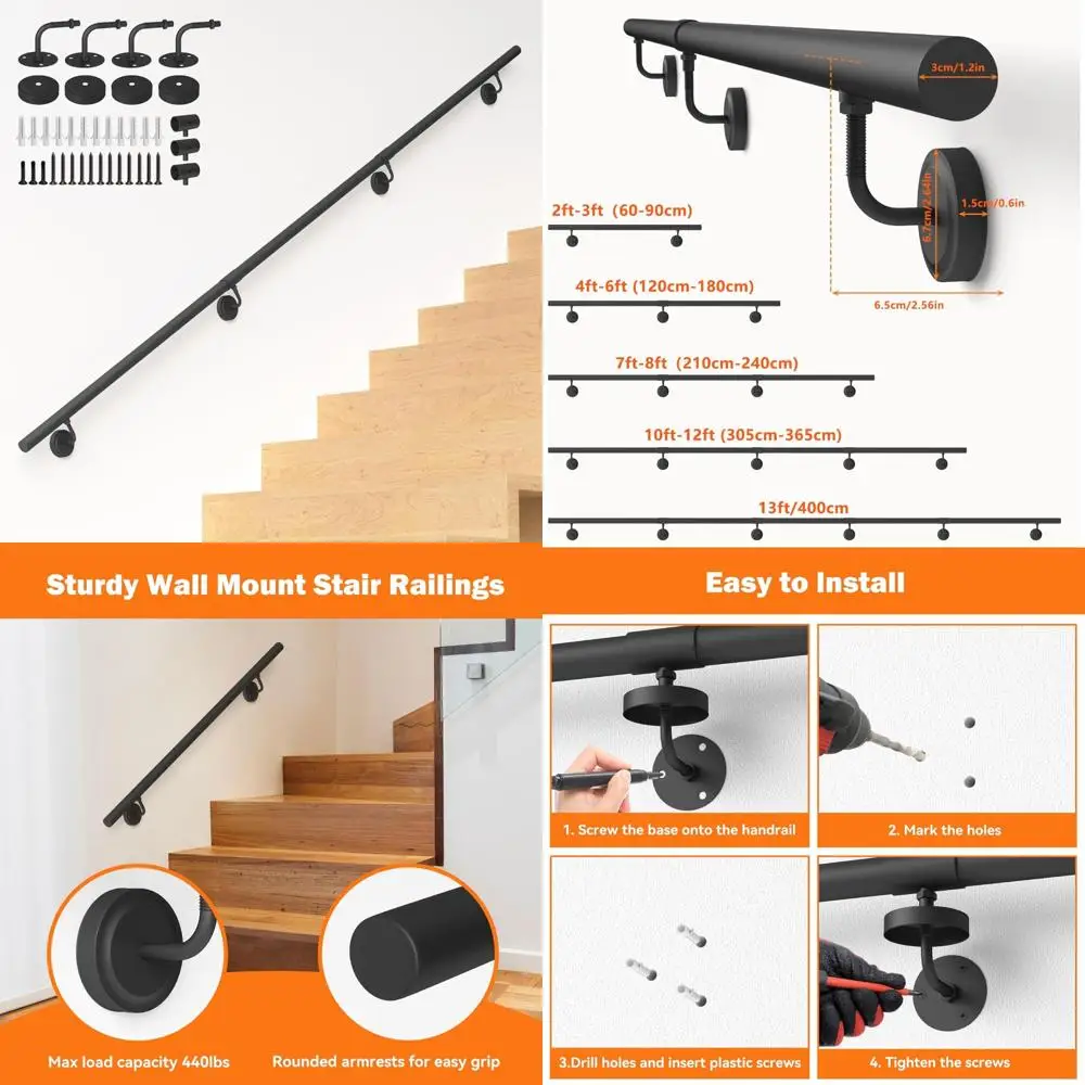 درابزين درج معدني صناعي، درابزين أنبوبي دائري للخطوات الداخلية والخارجية، دعم مثبت على الحائط للدرج، مناسب