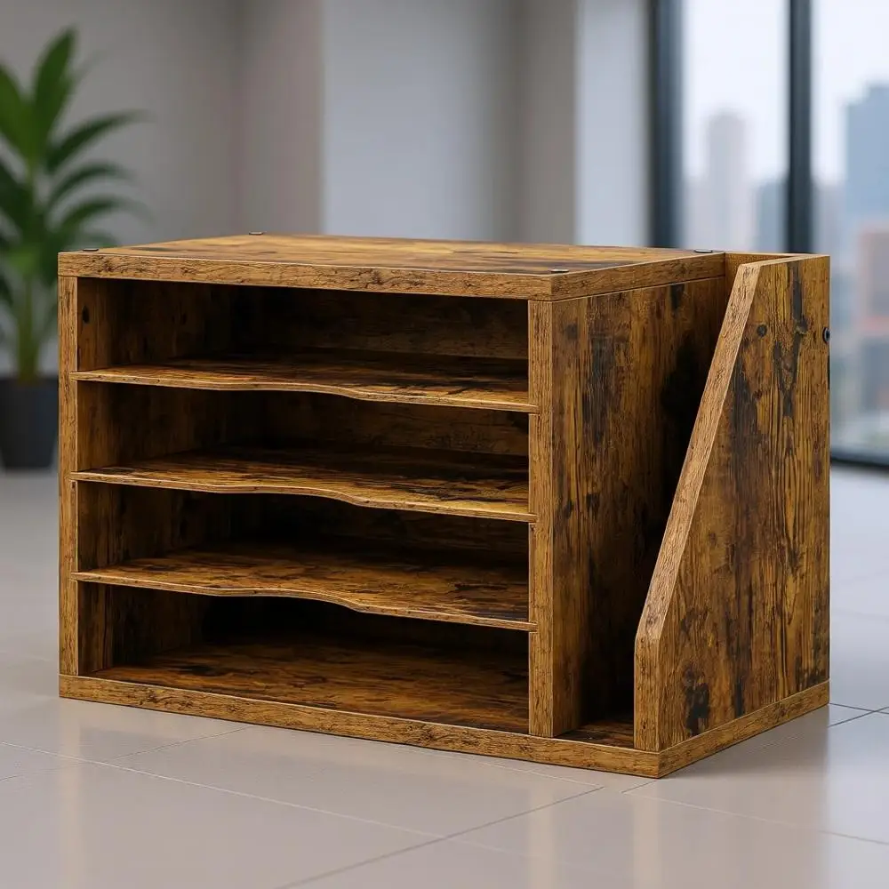 

Деревянный органайзер для стола в деревенском стиле, коричневый, 3-ярусный, с регулируемыми полками и держателем для почты