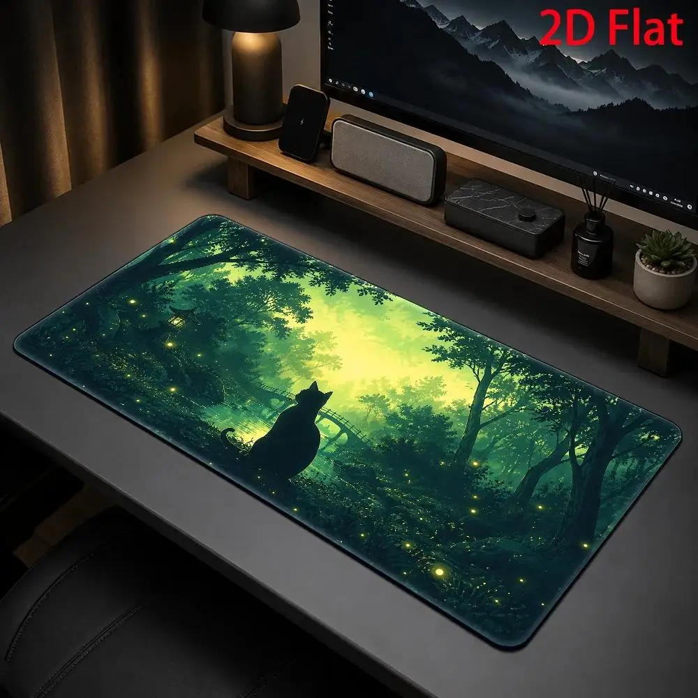 Mysterious Forest Cat Mouse Pad, Tranquil Night Light Keyboard Pad, Soft and Anti-Slip. Ideal gift for gamers and office workers
