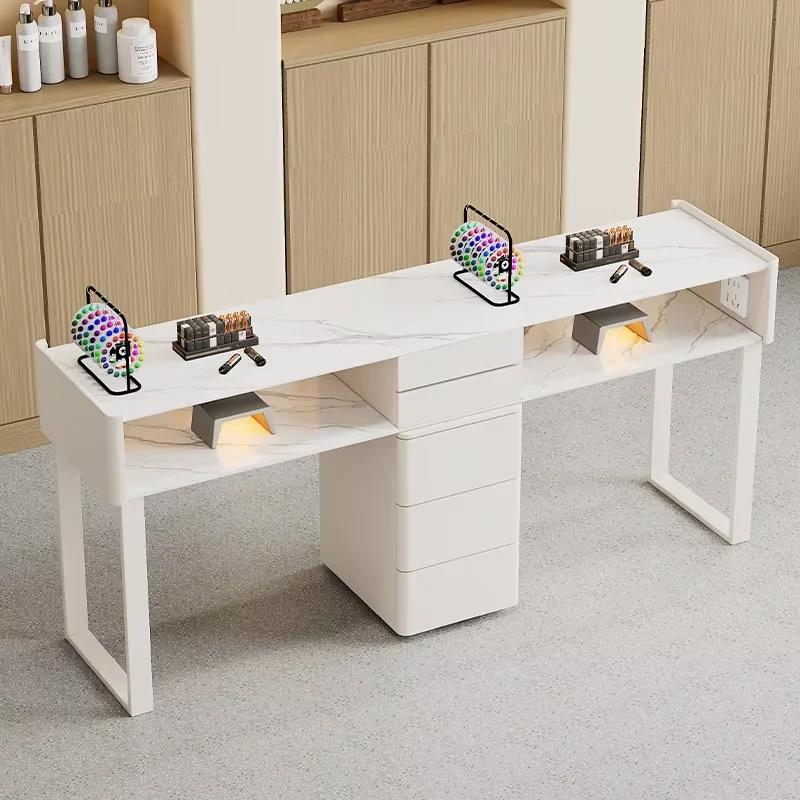 

Modern minimalist style glass manicure table slate cream modern design single and double table and chair set manicure
