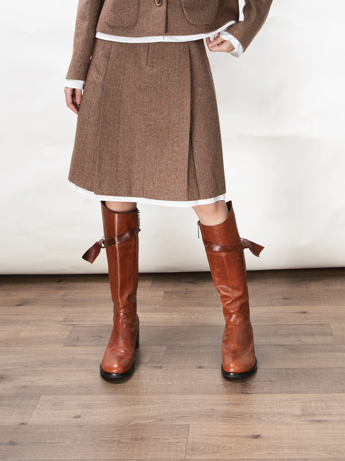 WILL&ZEST Vintage Waxed Cow Leather Knee High Horse Brown Long Boots  Chunky Heels Zipper Shoes for Women Footwear