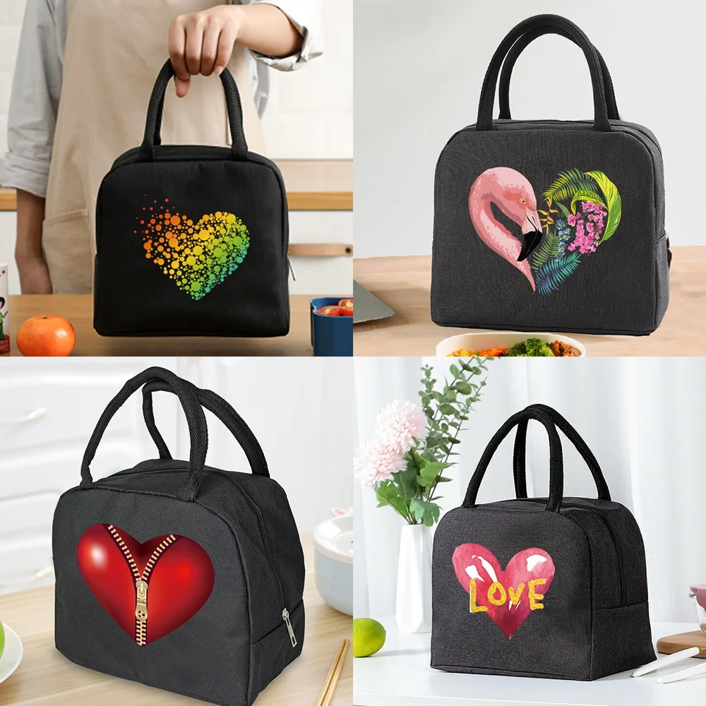 

Insulated Lunch Bag Zipper Cooler Tote Thermal Bag Lunch Box Canvas Food Picnic Lunch Bags for Work Handbag Love Pattern