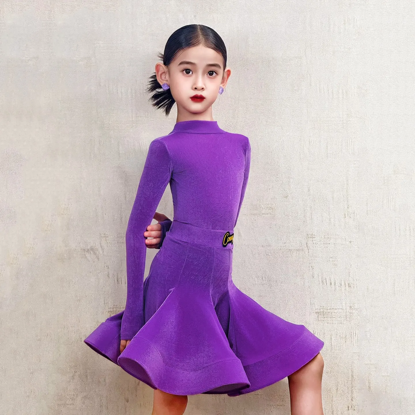 Kinder Latin Dance Kleid Für Wettbewerb Mädchen Langarm Performance Anzug Hoher Kragen Latin Set Rosa Cha Cha Kleidung 2181
