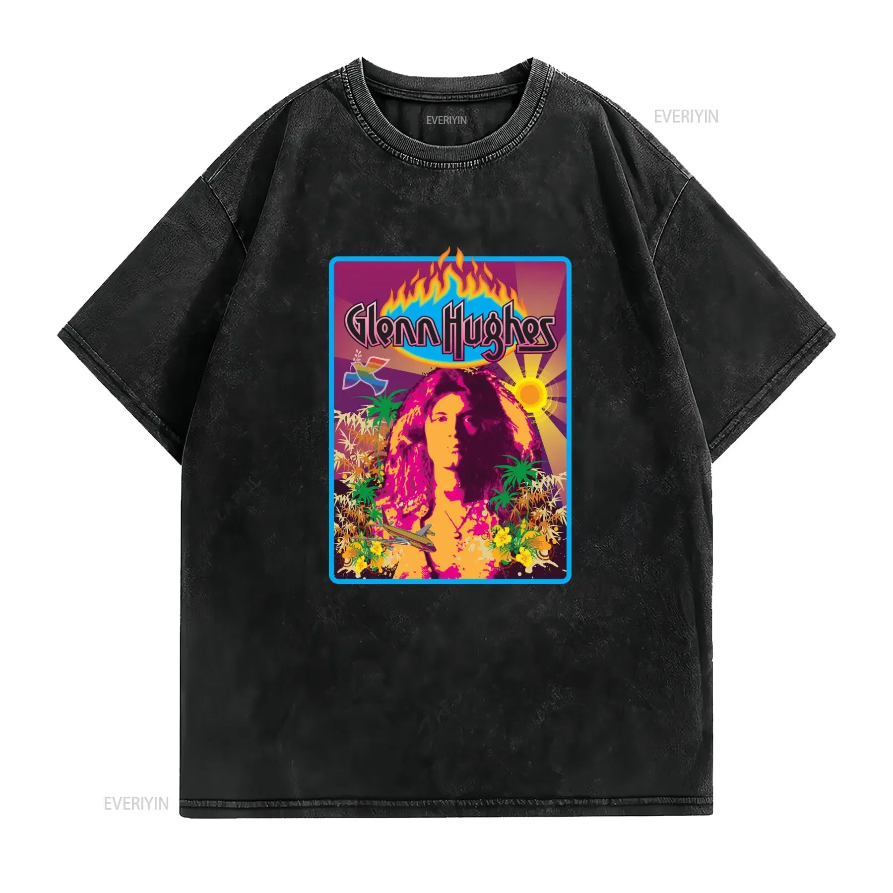 Vintage Retro Psychedelic Rock Glenn Hughes Tropical Print Casual T Shirt vintage Washed streetwear homme fashion Stylish