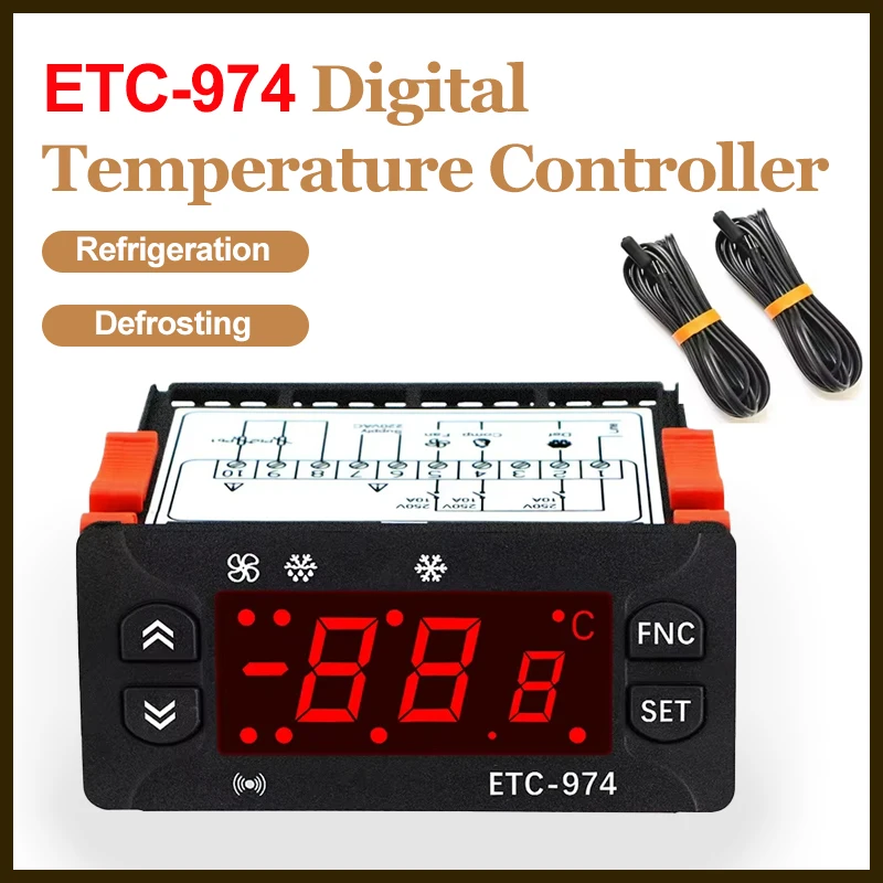 ETC-974 Digital Temperature Controller with Dual NTC Sensor Refrigerator Thermostat Regulator 12-24V/110V/220V Thermoregulator