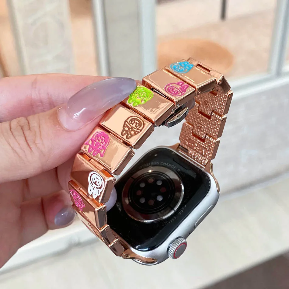 لساعة Apple Watch Band Series 10 9 8 7 6 SE 5 4 3 2 Ultra Cartoon Illustration Metal Strap iwatch 46mm 42mm 38mm 40mm 41mm 44mm 45mm 49mm Bracelet