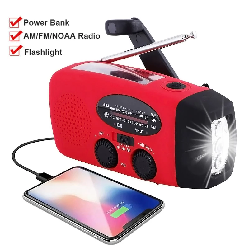 راديو كرنك اليد في حالات الطوارئ متعدد الوظائف AM/FM/NOAA راديو الطقس المحمول قوة البنك شحن الطاقة الشمسية مع مصباح يدوي LED #1