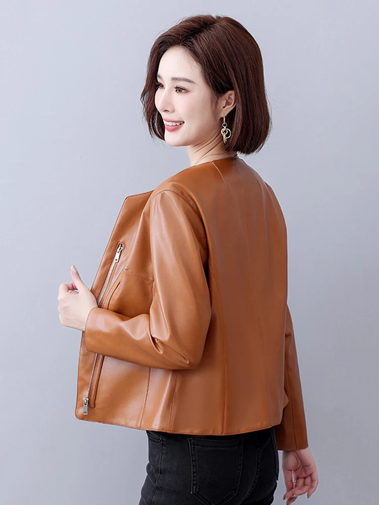 New Women Leather Jacket Spring Autumn Fashion Sweet O-Neck Zipper Fly Slim Short Coat Split Leather Casual Outerwear