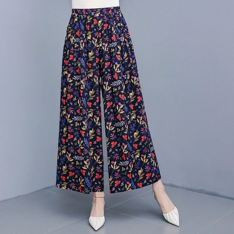 

Женские брюки палаццо больших размеров с цветочным принтом, хлопковые, летние, с высокой талией, свободные, повседневные