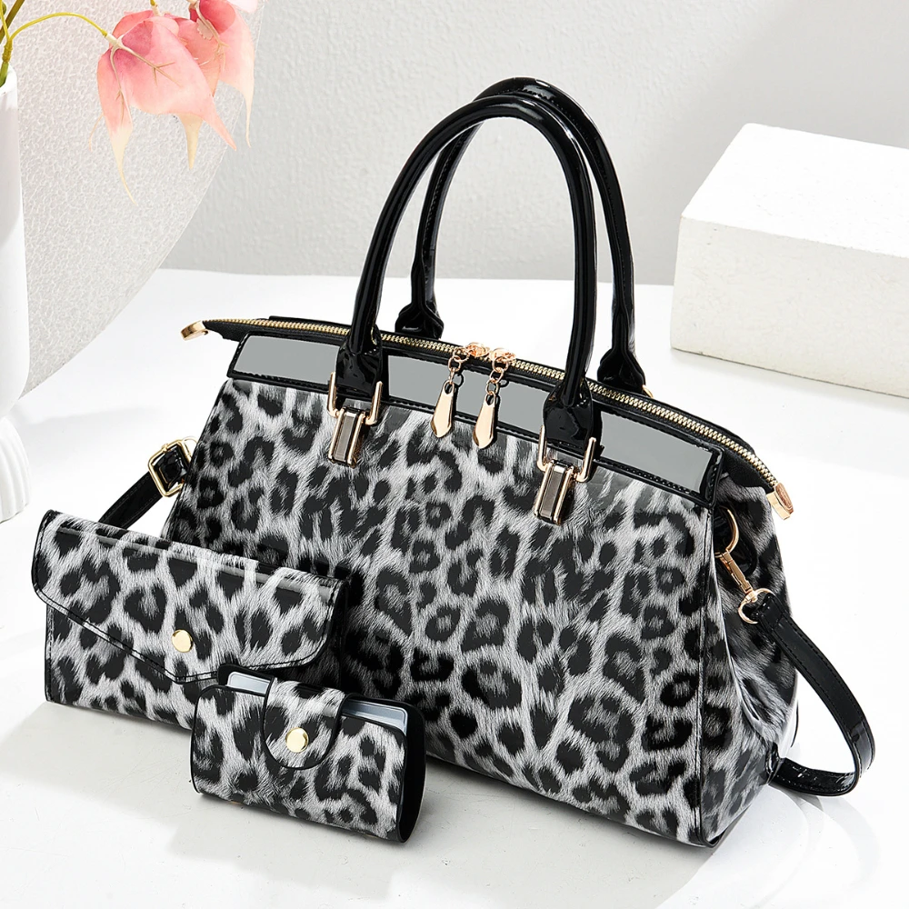 Retro Leopard Print Design Womens Handbag With 2 Pieces Small Purse Bright Glossy Top Handle Bag Crossbody Single Shoulder Bags