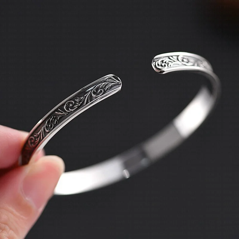 S999 Sterling Silver Charms Bracelets for Women Men Emboss Eternal Rattan Pattern 6mm Bangle New Fashion Jewelry Wholesale