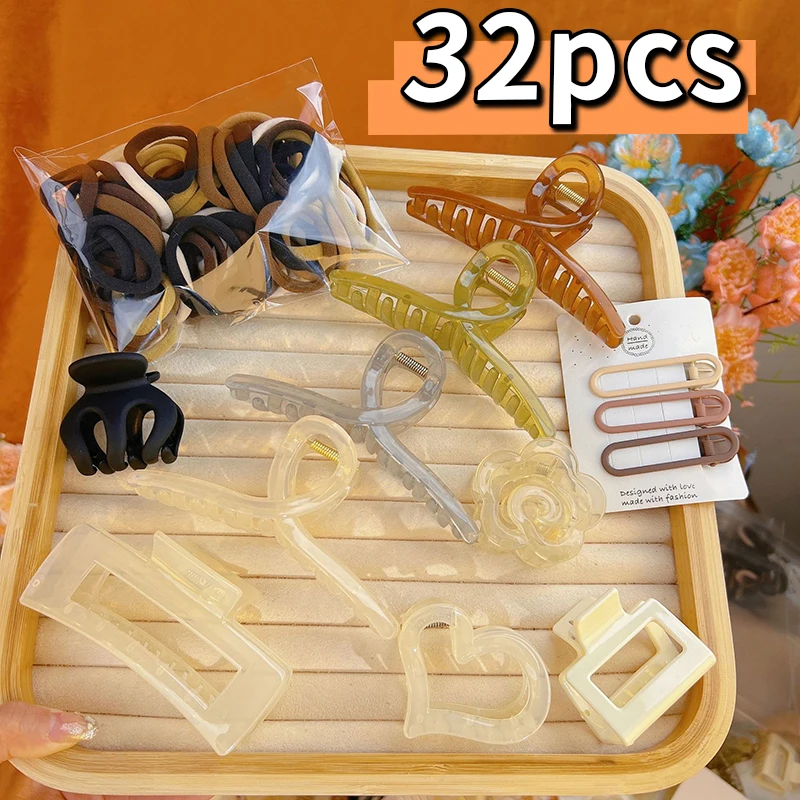 61pcs Cute Set Hair Clip Headdress Plush Hair Ring Hairhoop Girls Ponytail Rubber Band Shark Clip Geometry Hair Claw Hair image 3