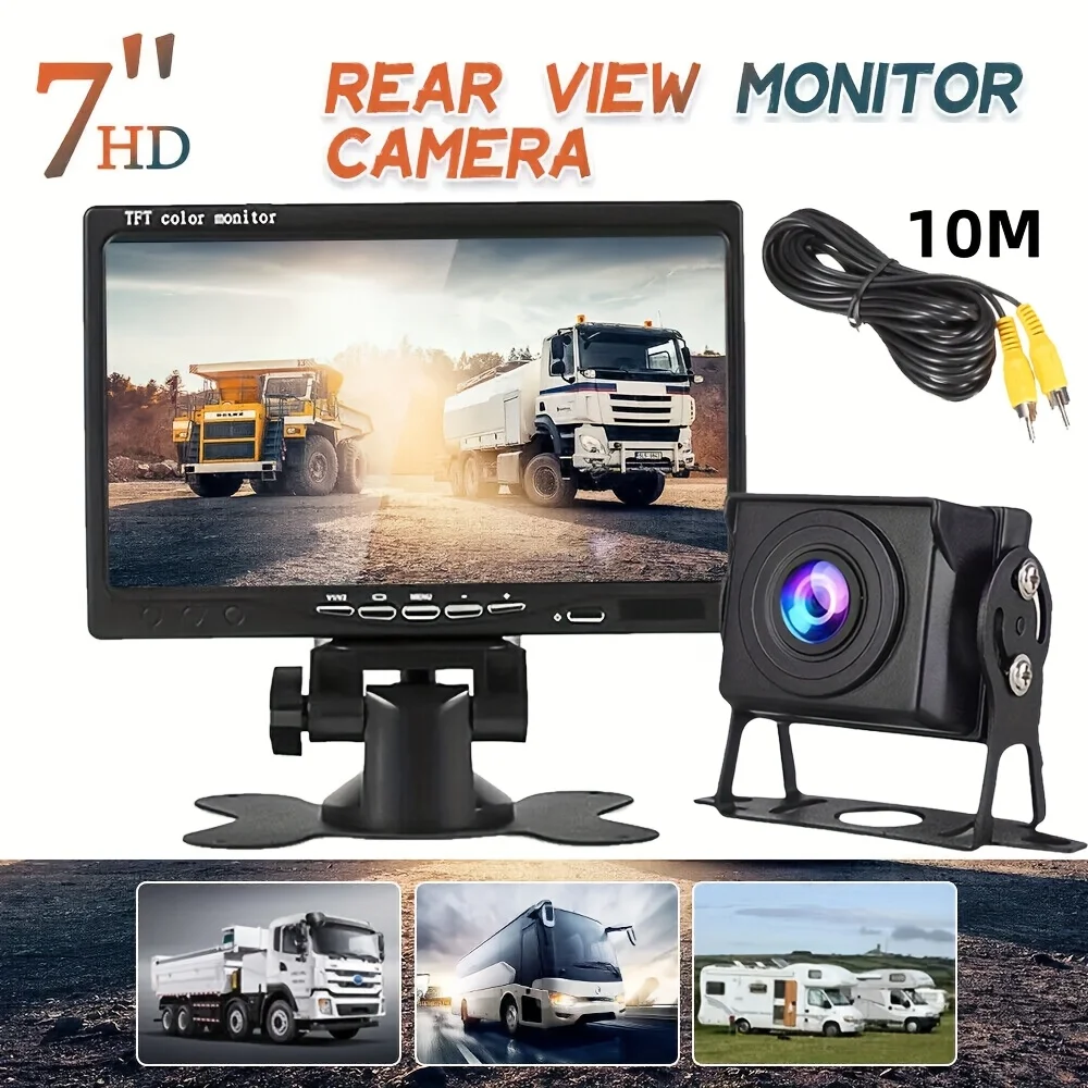 7-Inch HD Night Vision Rear View Backup Camera Kit , Easy Installation, Fits Cars, Buses, Trailers & Pickups, 10m Cable, Blac