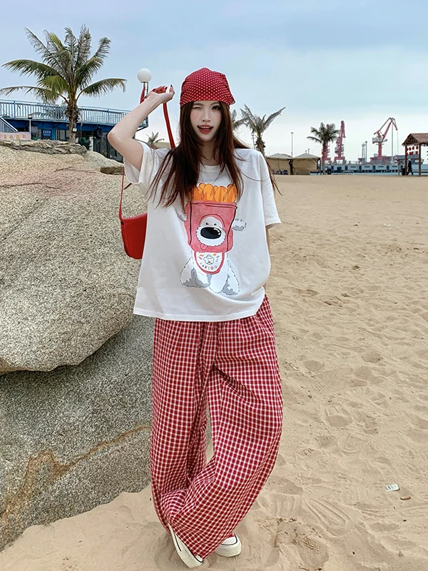 

Loose Fit Short Sleeve T-Shirt Women's Elastic Waist Plaid Slimming Casual Wide Leg Pants plus Size Comfortable Printed Style