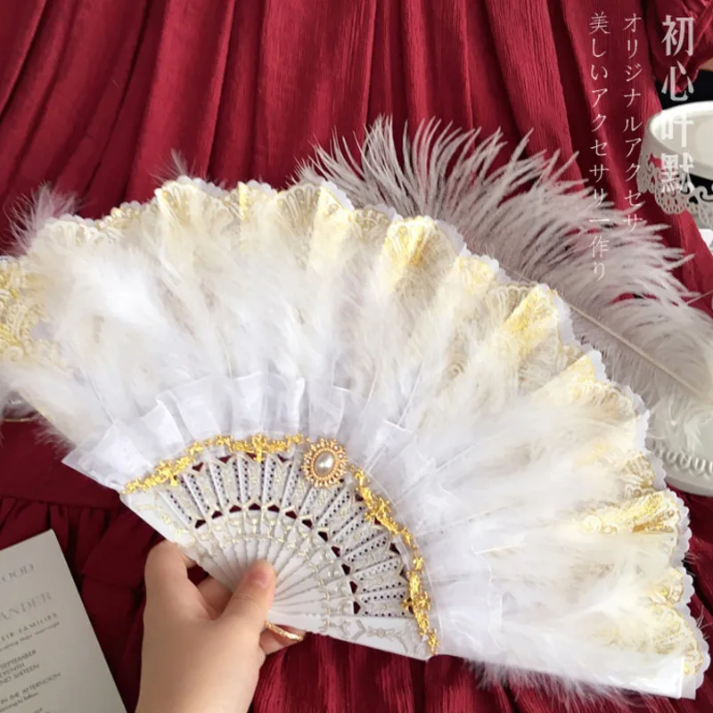 Lolita Black White Lace Embossed Flower Wedding favors Folding Hand fans Fan Tea Party Feather Fan eventail a main Lolita