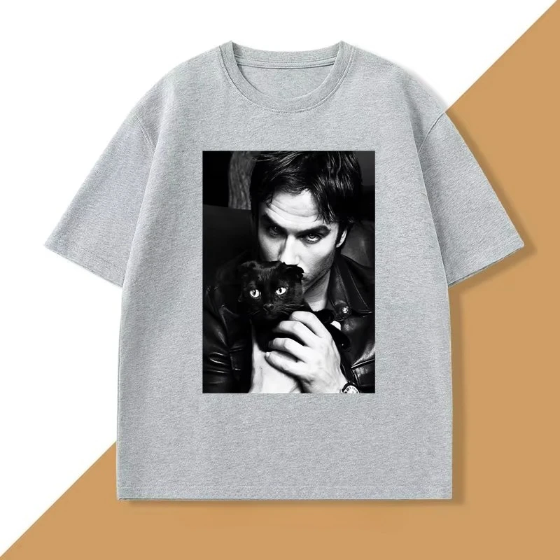 Damon Salvatore TV Drama Cat Graphic Tshirt for Women Clothes Retro Gothic Tops Sleeve Harajuku Sleeve Casual Aesthetic Clothes
