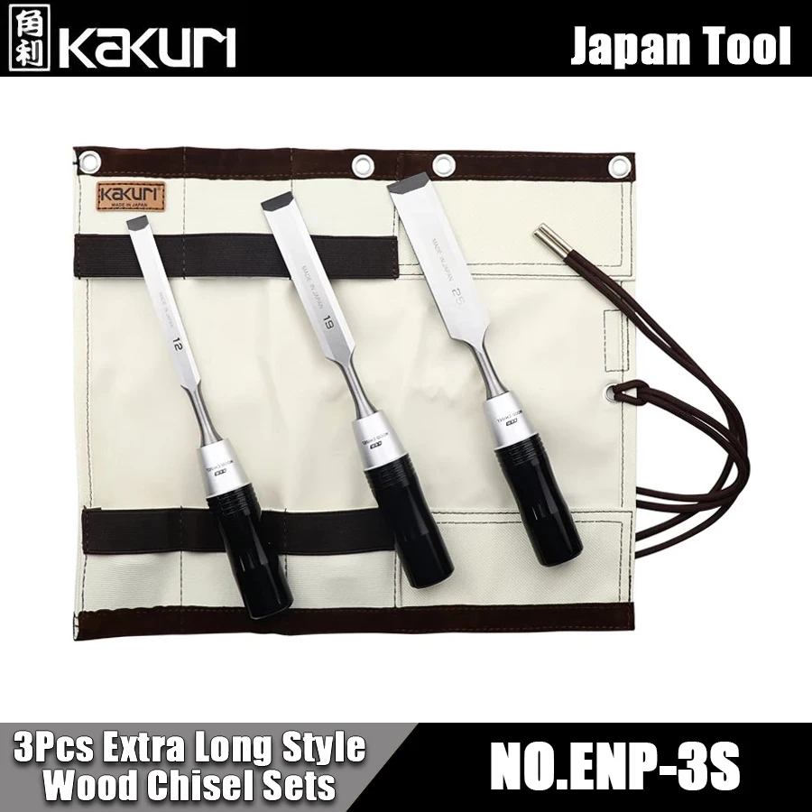 KAKURI 3Pcs Extra Long Style Wood Chisel Sets Carving Knife with Storage Bag for Woodworking Processing and Engraving NO.ENP-3S