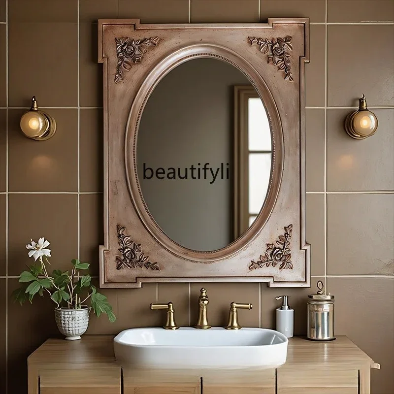 60.Französischer Retro-Badezimmerspiegel, Wandmontierter geschnitzter Spiegel im europäischen Stil für Wohnzimmer, Eingangsbereich, Kamin, dekorativer Wandspiegel
