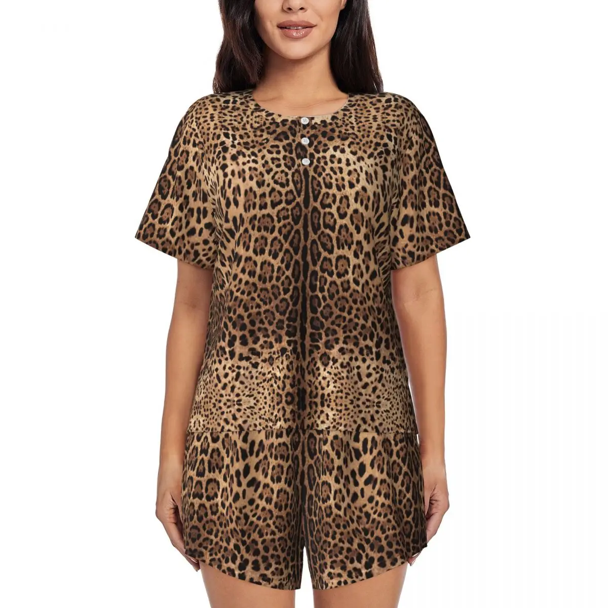 

Женский пижамный комплект с леопардовым принтом, одежда для сна с короткими рукавами и принтом животных, домашняя одежда, пижамы, комплекты из 2 предметов