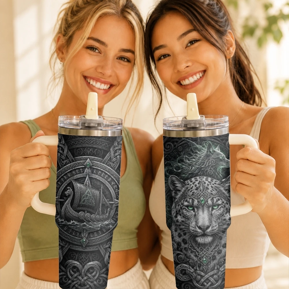 Viking Nordic Wild Wolf Vacuum Flasks 40oz Thermal Tumbler with Handle Stainless Steel Vacuum Insulated Water Portable Mug Cup