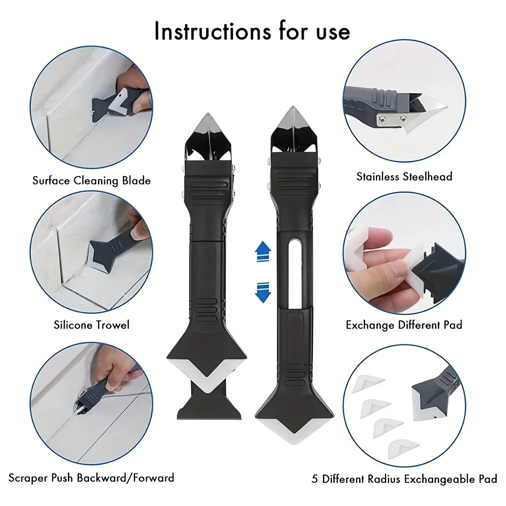 6Pcs Caulk Removal Tool Kit with 5 Replaceable Heads, Plastic Grout Tool Stainless Steel Blades Multi-Function Seam Remover Set,