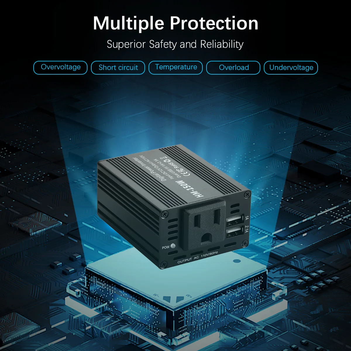 Car Power Inverter 150W Pure Sine Wave US Socket Output 110V 1A /2.1A USB Port Fast Charging Voltage Adapter Multi-function