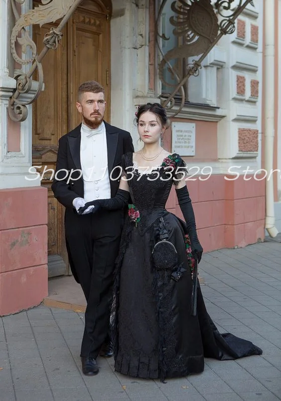 History Black Gothic Prom Dresses 3D Floral Lace Stain Corset Bustle Ruched Victorian Evening Gown Walking Civil War Outfit