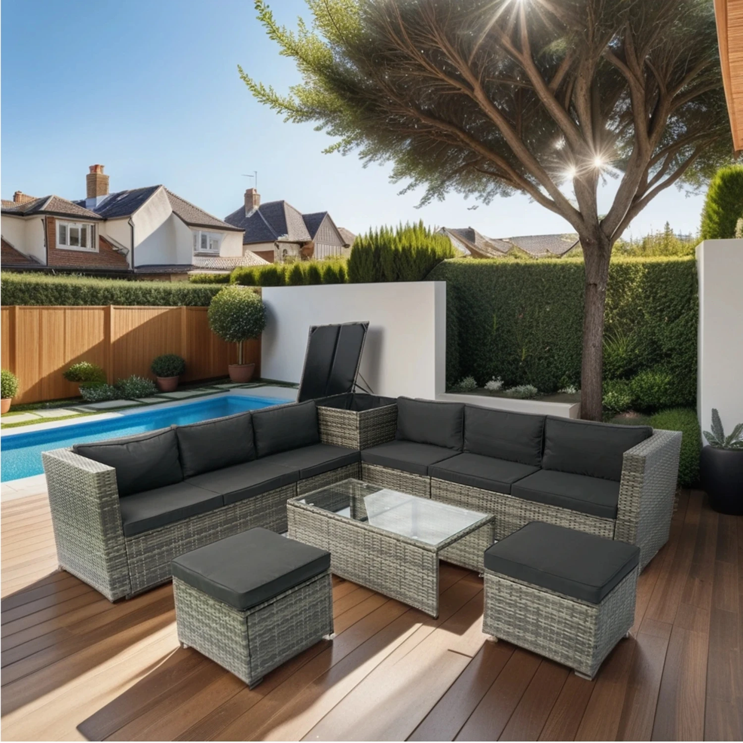 8 Piece Patio Sectional Wicker Rattan Outdoor Furniture Sofa Set with One Storage Box Under Seat and Cushion Box Grey wicker + B