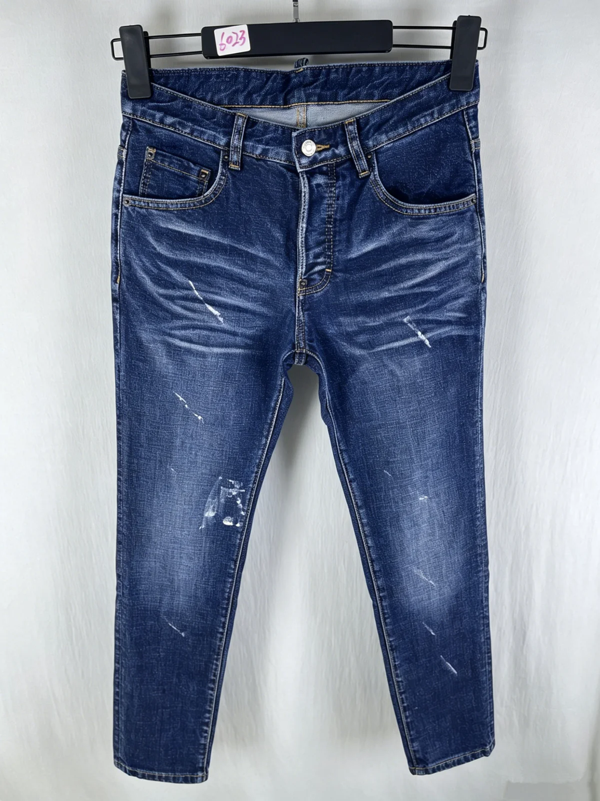 

6023 Four Seasons New Men's Wash Grinding Patch Pink Slim-fit Blue Jeans Men