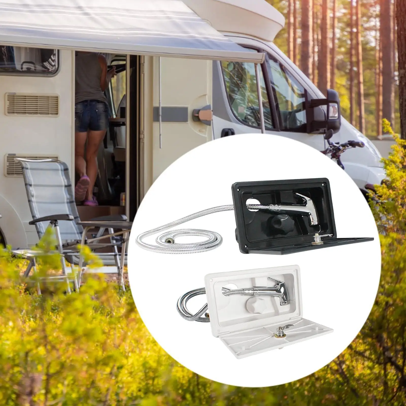 

Travel Trailer Exterior Shower Box Kit Portable Pull Out Head with Hot Cold Switch for Outdoor Adventures