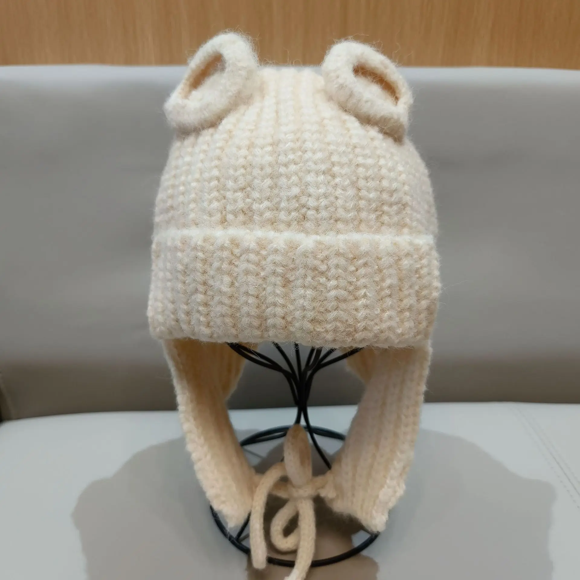 

Hot Cute Bear Ear Woolen Hat Woman New Knitted Ear Protective Hat Warm Tie Lei Feng Hat Outdoor Windproof