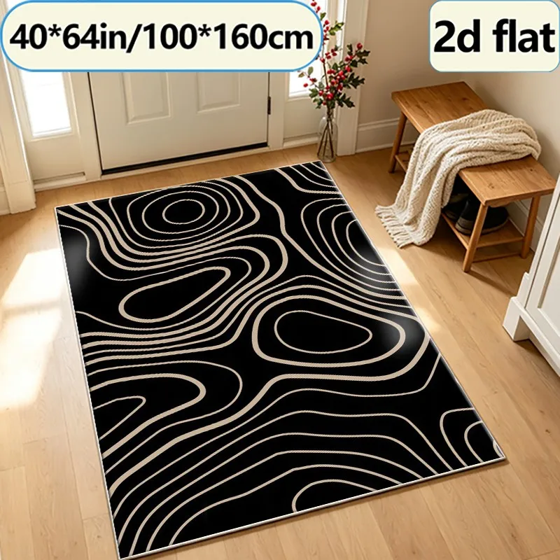 Black Background with Beige Outline Lines Carpet, Abstract Terrain Pattern Carpet, Suitable for Living Room, Bedroom, Home Floor Decoration