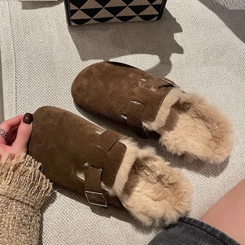 Women\'s Fur Flats Cow Suede Slippers Brand Mules Slip On Winter Shoes Designer Warm Shoes Outwear Buckle Slippers Spring Shoes