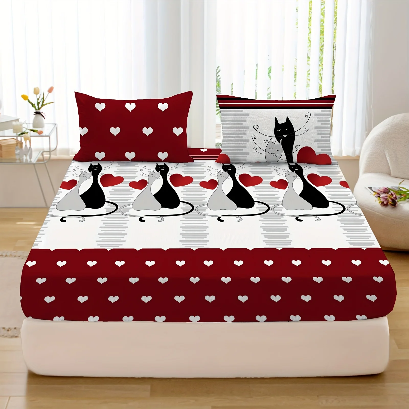 4 pieces of simple and cute cat heart-shaped bed hats (1 bed hat 1 sheet 2 pillowcases, no core) machine washable. Festival gift