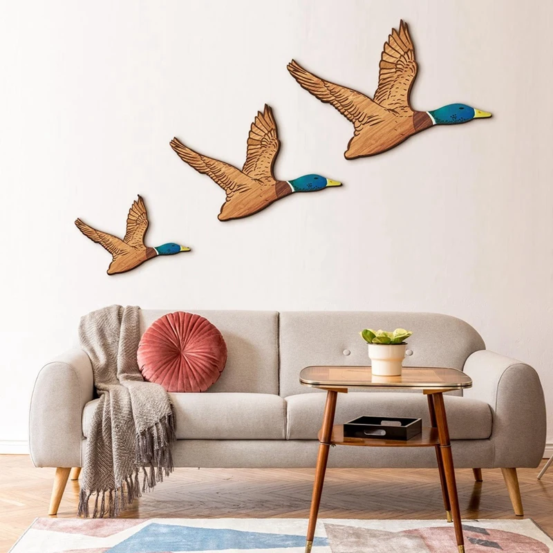 Decoración de pared de patos de madera, pájaros voladores rústicos, arte de pared de madera tallado para el hogar